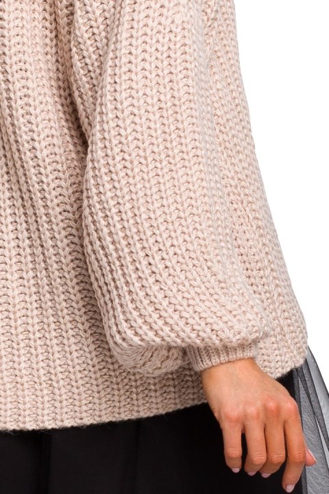Sweter damski oversize z dekoltem V i szerokim rękawem pudrowy me471 Sweter damski oversize z dekoltem V i szerokim rękawem pudrowy me471