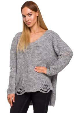 Sweter damski oversize asymetryczy z dziurami szary me473