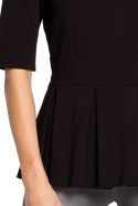Bluzka damska z krótkim rękawem i plisowaną baskinką czarna me139