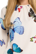 Bluzka damska w motyle z marszczeniem przy dekolcie i u dołu rękawów ecru me253