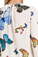 Bluzka damska w motyle z marszczeniem przy dekolcie i u dołu rękawów ecru me253