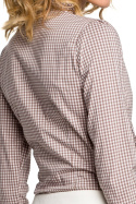 Koszula damska z wiskozy w kratę taliowana z kokardą brązowa me089