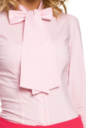 Koszula damska z wiskozy w kratę taliowana z kokardą różowa me089