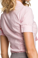 Koszula damska taliowana z kokardą i krótkim rękawem różowa me088