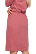Sukienka dopasowa midi z gumką w pasie krótki rękaw różowa me476