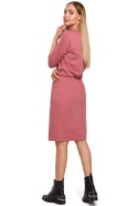 Sukienka dopasowa midi z gumką w pasie krótki rękaw różowa me476
