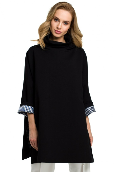 Bluza damska oversize z wysokim kołnierzem rękaw 7/8 czarna me392 Bluza damska oversize z wysokim kołnierzem rękaw 7/8 czarna me392