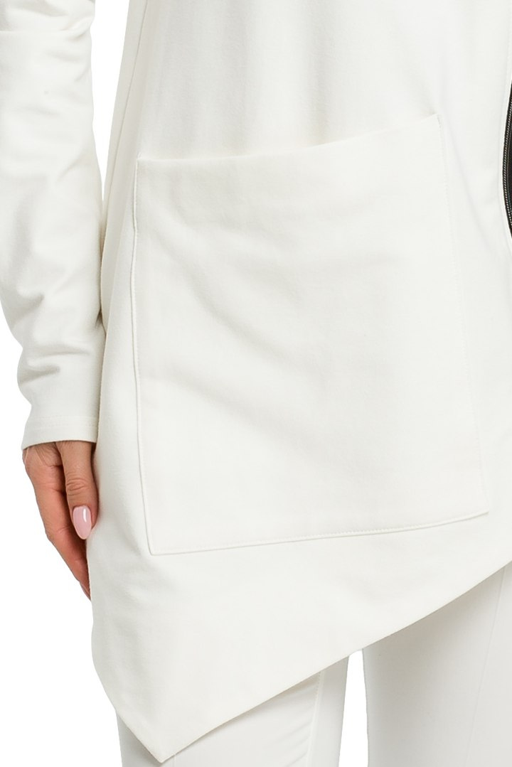 Bluza damska asymetryczna z kapturem zapinana na zamek ecru me390 Bluza damska asymetryczna z kapturem zapinana na zamek ecru me390
