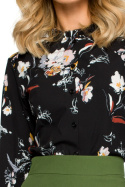 Bluzka damska koszulowa w kwiaty z długim rękawem czarna me408