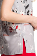 Bluzka damska w kwiaty bez rękawów z falbankami szara me384
