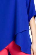 Bluzka damska asymetryczna luźna z krótkim rękawem chabrowa me359