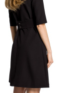 Sukienka trapezowa midi z paskiem lub bez krótki rękaw czarna me362