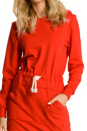 Sukienka dresowa mini z kapturem i długim rękawem czerwona me352