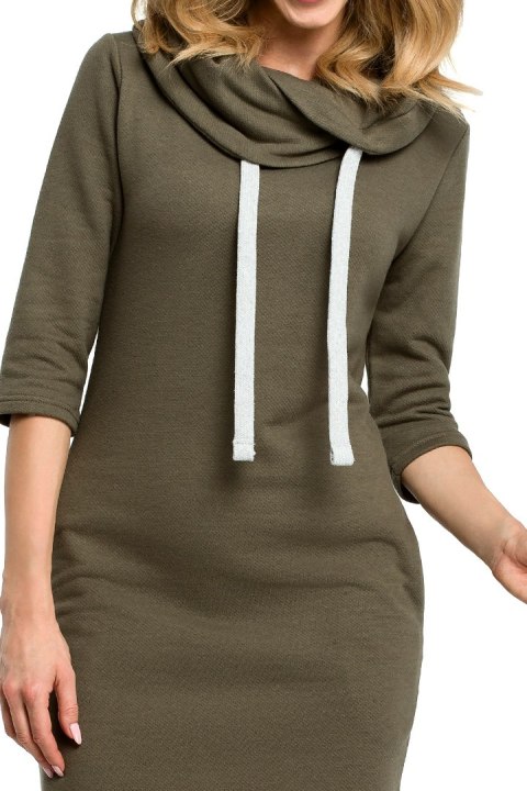 Sukienka dresowa midi z kołnierzem i rękawem 3/4 khaki me391 Sukienka dresowa midi z kołnierzem i rękawem 3/4 khaki me391