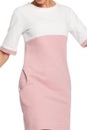 Bawełniana sukienka midi dwukolorowa z krótkim rękawem pudrowa me418