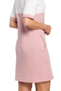 Bawełniana sukienka midi dwukolorowa z krótkim rękawem pudrowa me418