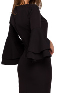 Elegancka sukienka ołówkowa midi falbany przy rękawach czarna k002