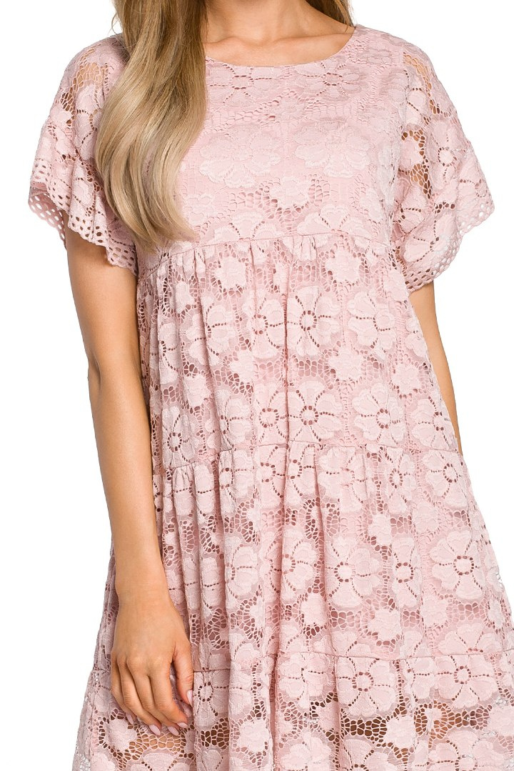 Zwiewna sukienka koronkowa mini fason A krótki rękaw różowa me430