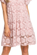 Zwiewna sukienka koronkowa mini fason A krótki rękaw różowa me430