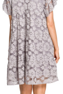 Zwiewna sukienka koronkowa mini fason A krótki rękaw szara me430