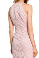 Sukienka koronkowa dopasowana midi bez rękawów kwiaty różowa me431