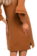 Sukienka mini gładka z długim rękawem fason A karmelowa me446