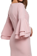 Elegancka sukienka ołówkowa midi falbany przy rękawach różowa k002