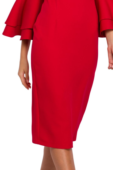 Elegancka sukienka ołówkowa midi falbany przy rękawach czerwona k002 Elegancka sukienka ołówkowa midi falbany przy rękawach czerwona k002