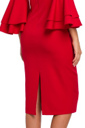 Elegancka sukienka ołówkowa midi falbany przy rękawach czerwona k002