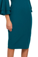 Elegancka sukienka ołówkowa midi falbany przy rękawach morska k002