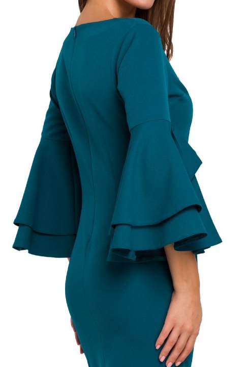Elegancka sukienka ołówkowa midi falbany przy rękawach morska k002 Elegancka sukienka ołówkowa midi falbany przy rękawach morska k002