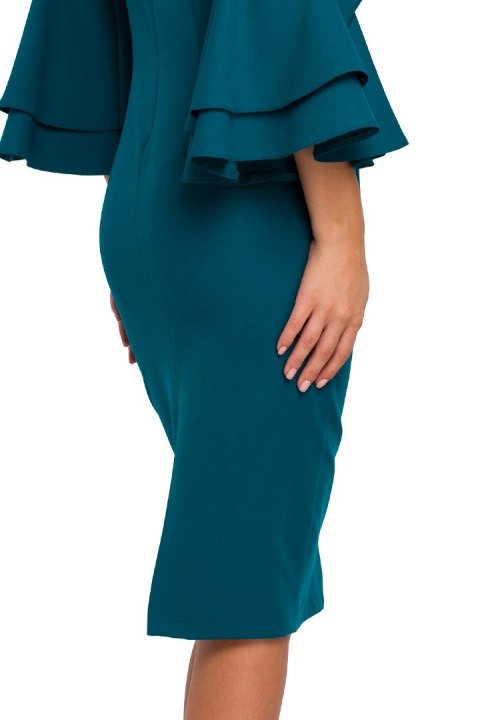Elegancka sukienka ołówkowa midi falbany przy rękawach morska k002 Elegancka sukienka ołówkowa midi falbany przy rękawach morska k002