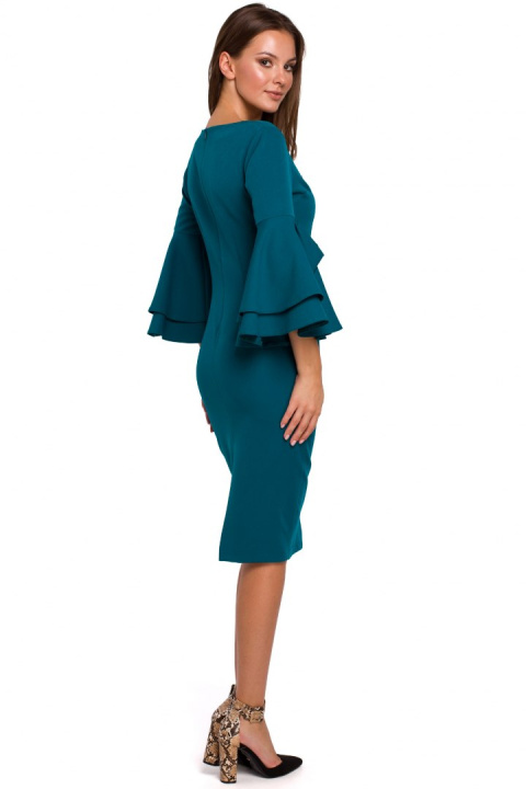 Elegancka sukienka ołówkowa midi falbany przy rękawach morska k002 Elegancka sukienka ołówkowa midi falbany przy rękawach morska k002