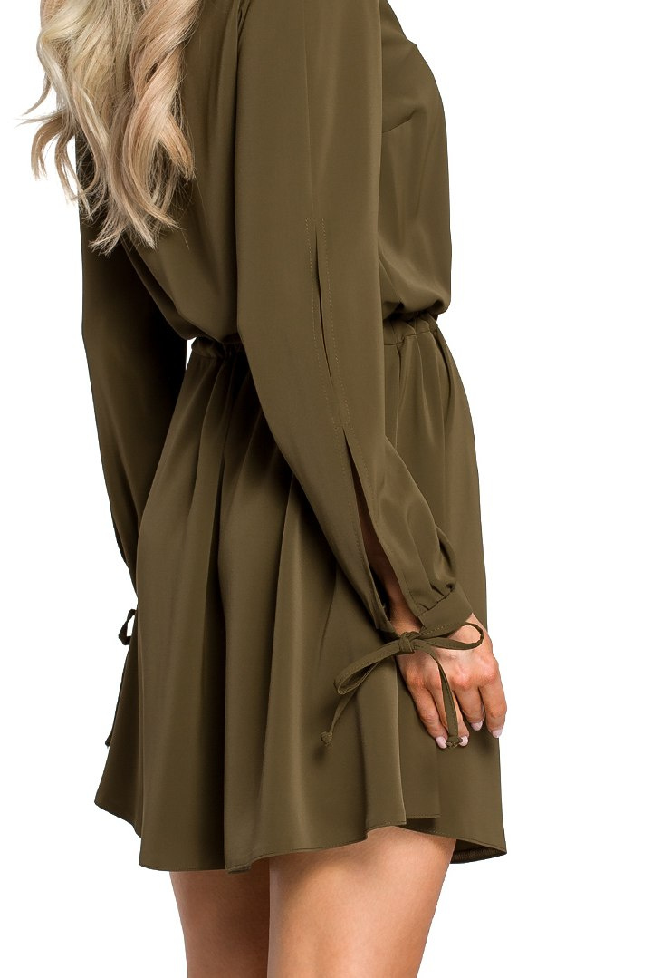 Sukienka boho rozkloszowana mini z długim rękawem khaki me426 Sukienka boho rozkloszowana mini z długim rękawem khaki me426