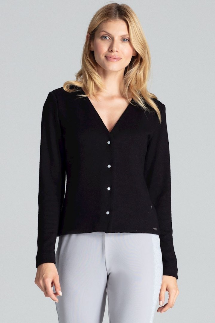 Sweter damski z wiskozy rozpinany z dekoltem w serek czarny M683 Sweter damski z wiskozy rozpinany z dekoltem w serek czarny M683