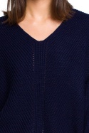 Sweter damski asymetryczny z dekoltem w serek granatowy BK026