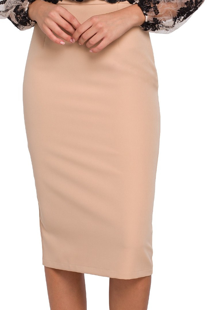 Elegancka sukienka ołówkowa koronkowa góra długi rękaw beżowa K013