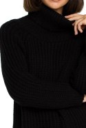 Długi luźny sweter damski z golfem waflowy splot czarny BK005
