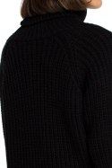 Długi luźny sweter damski z golfem waflowy splot czarny BK005
