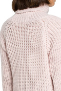 Długi luźny sweter damski z golfem waflowy splot różowy BK005