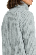 Długi luźny sweter damski z golfem waflowy splot szary BK005
