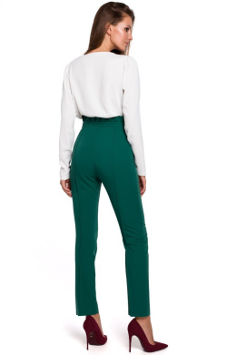 Spodnie damskie dopasowane z wysokim stanem i falbanką zielone k008