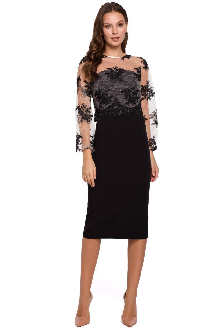 Elegancka sukienka ołówkowa koronkowa góra długi rękaw czarna K013 Elegancka sukienka ołówkowa koronkowa góra długi rękaw czarna K013
