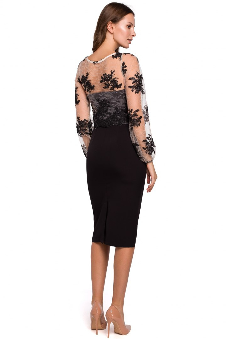 Elegancka sukienka ołówkowa koronkowa góra długi rękaw czarna K013