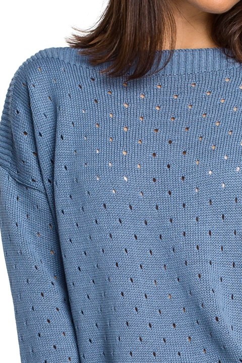 Luźny sweter damski z oczkami przewiewny niebieski BK019 Luźny sweter damski z oczkami przewiewny niebieski BK019