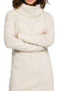 Swetrowa sukienka mini z golfem waflowy splot długi rękaw beżowa BK010