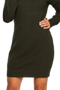 Swetrowa sukienka mini z golfem waflowy splot długi rękaw khaki BK010