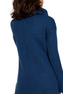 Swetrowa sukienka mini z golfem waflowy splot długi rękaw niebieska BK010