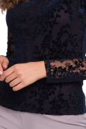 Elegancka bluzka damska koronkowa dopasowana długi rękaw granatowa K024