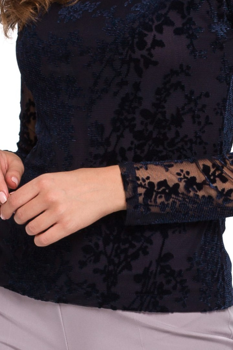 Elegancka bluzka damska koronkowa dopasowana długi rękaw granatowa K024 Elegancka bluzka damska koronkowa dopasowana długi rękaw granatowa K024